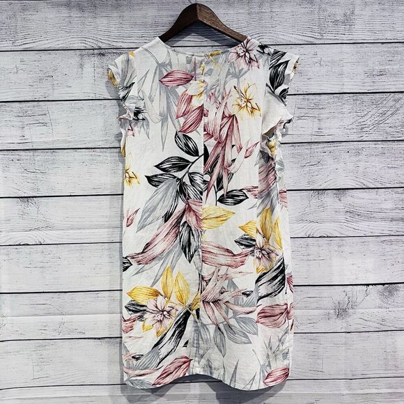 C&C California Dress Size Large Linen Tropical Floral Ruffle Sleeveless Shift - Picture 2 of 7
